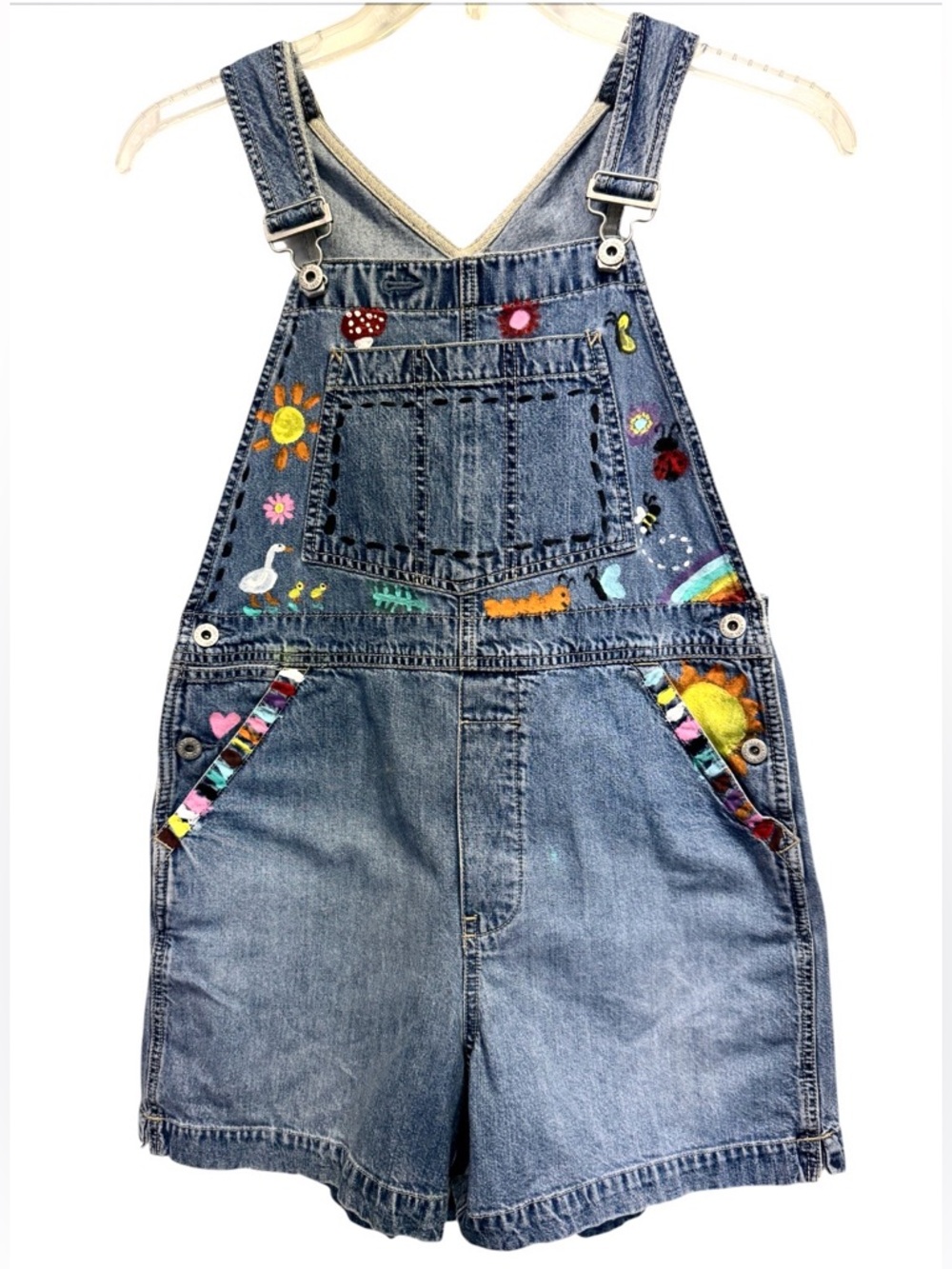 GAP Denim Short Overalls with Colorful Hand Painted  Motifs - Blue Small